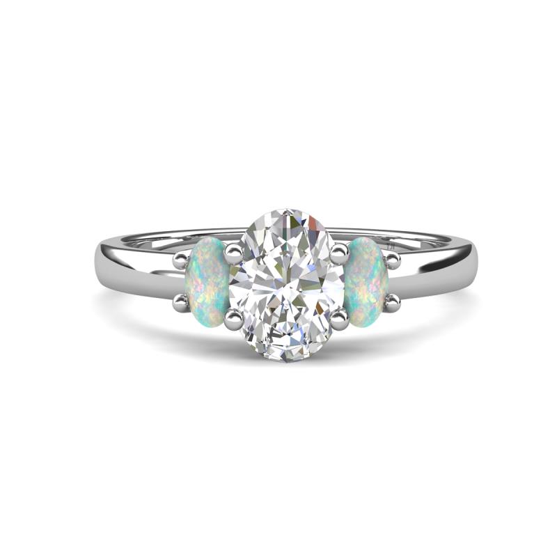 Gemma 8x6 mm Oval Cut Lab Grown Diamond and Opal Trellis Three Stone Engagement Ring 