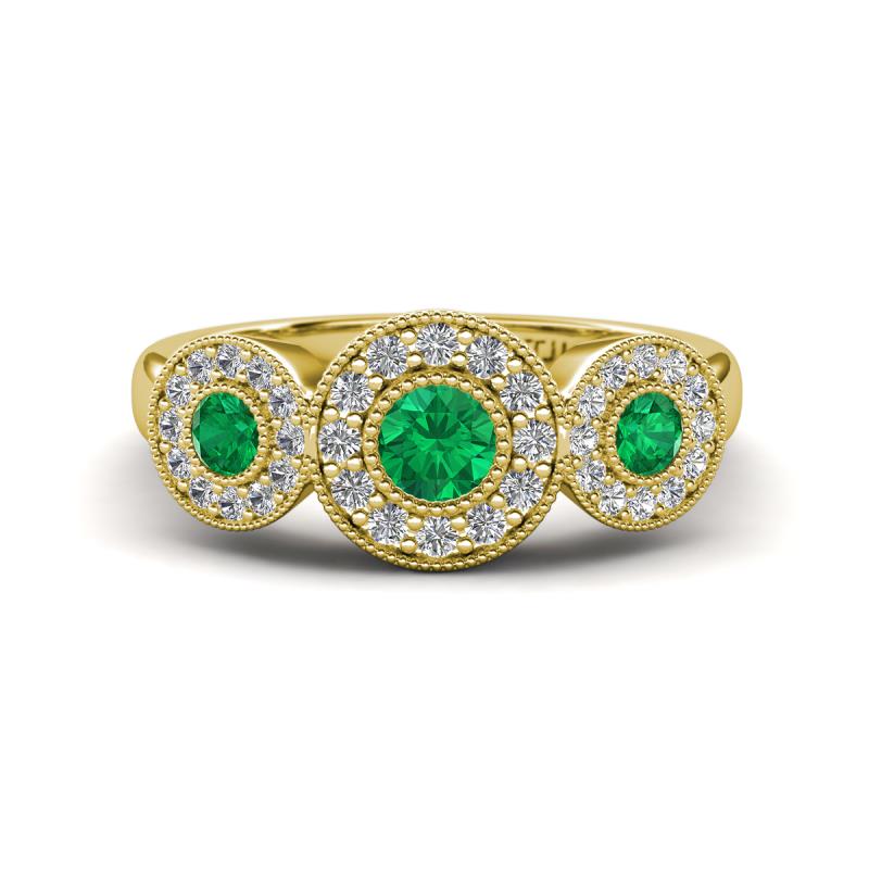 Rocco 0.68 ctw Emerald (4 mm) Three Stone accented Lab Grown Diamond Engagement Ring 