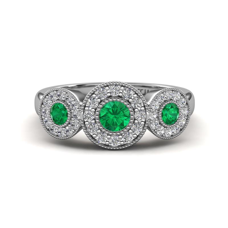 Rocco 0.68 ctw Emerald (4 mm) Three Stone accented Lab Grown Diamond Engagement Ring 