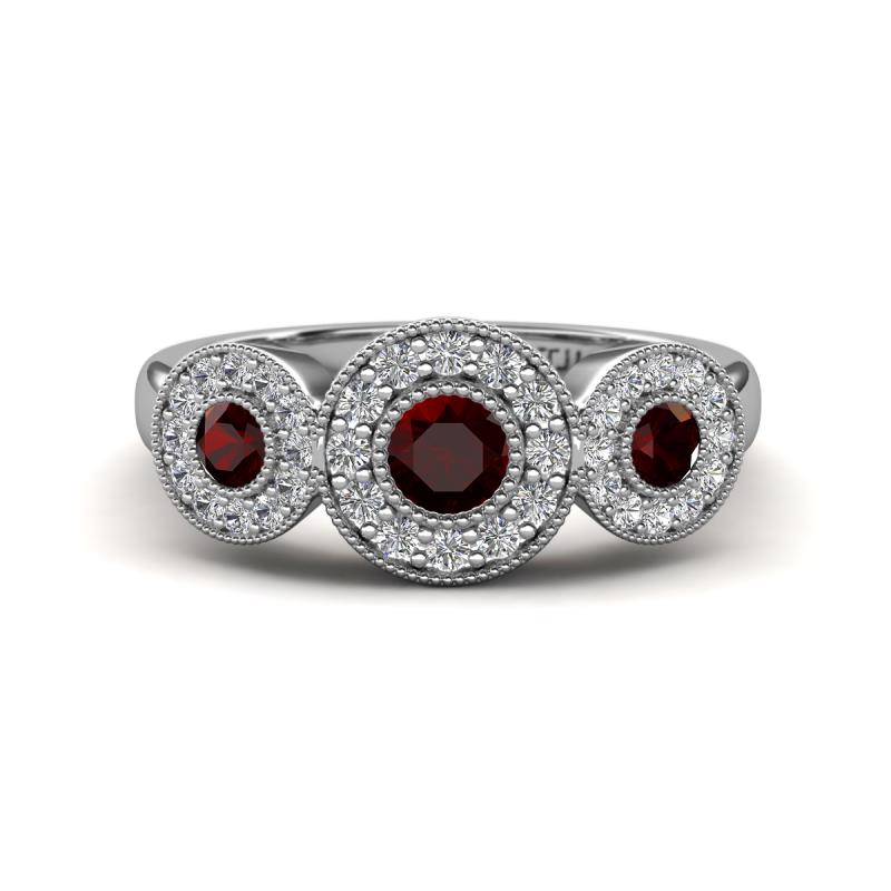 Rocco 0.84 ctw Red Garnet (4 mm) Three Stone accented Lab Grown Diamond Engagement Ring 