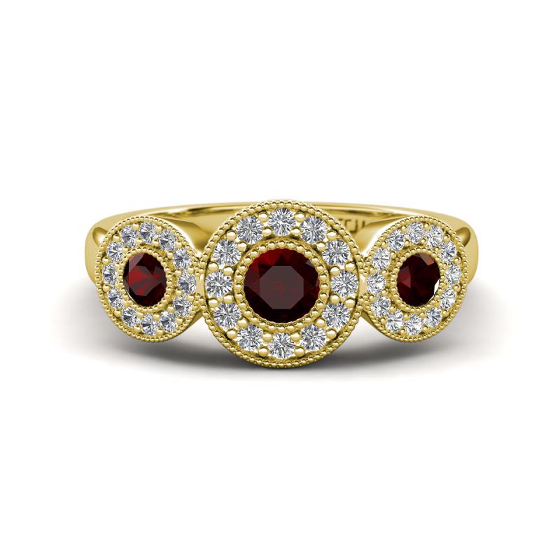 Rocco 0.84 ctw Red Garnet (4 mm) Three Stone accented Lab Grown Diamond Engagement Ring 