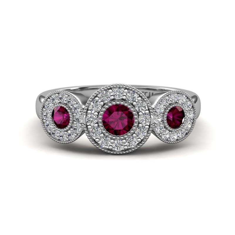 Rocco 0.84 ctw Rhodolite Garnet (4 mm) Three Stone accented Lab Grown Diamond Engagement Ring 