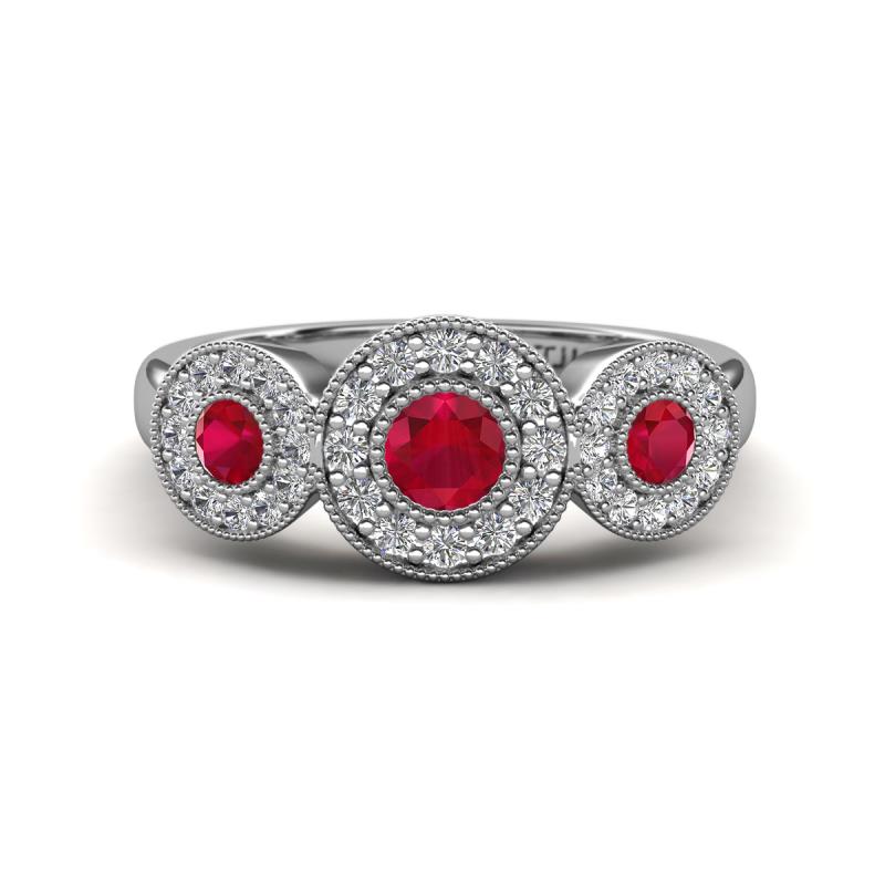 Rocco 0.76 ctw Ruby (4 mm) Three Stone accented Lab Grown Diamond Engagement Ring 