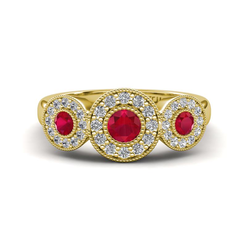 Rocco 0.76 ctw Ruby (4 mm) Three Stone accented Lab Grown Diamond Engagement Ring 