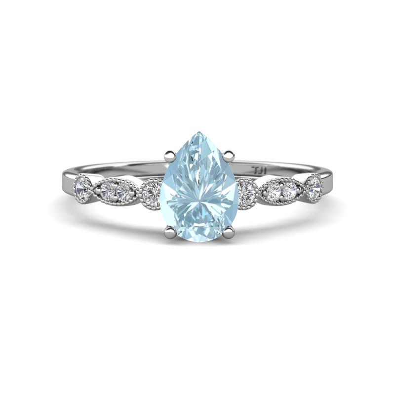 Kiara 0.80 ctw Aquamarine Pear Shape (7x5 mm) Solitaire Plus accented Natural Diamond Engagement Ring 