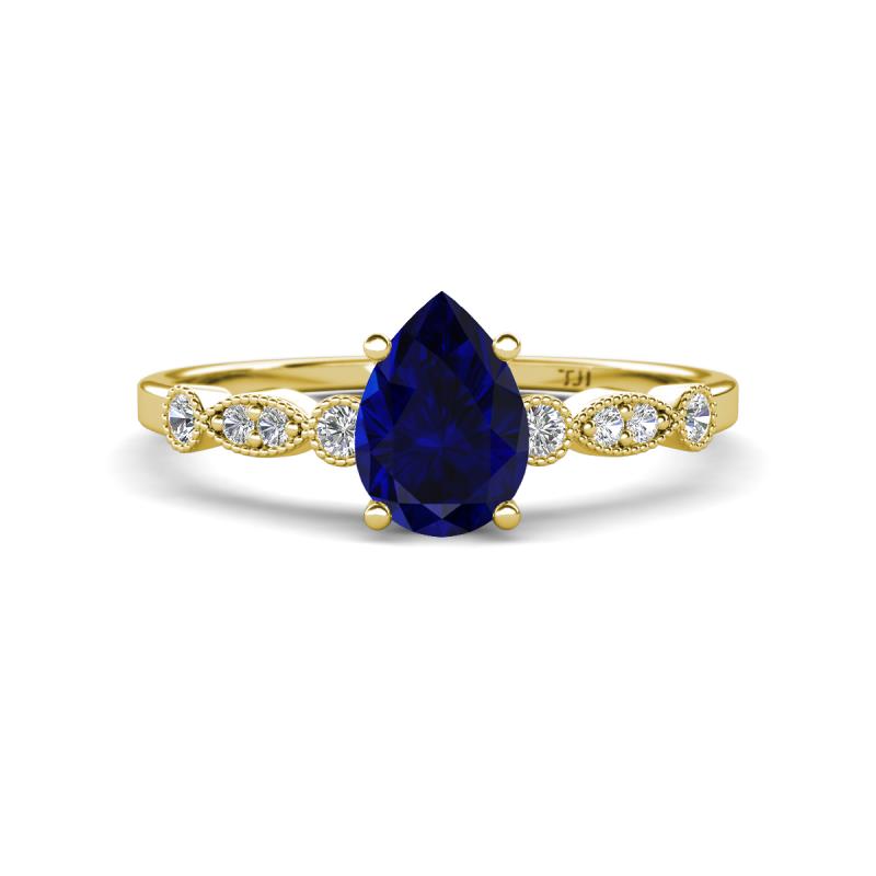 Kiara 1.10 ctw Blue Sapphire Pear Shape (7x5 mm) Solitaire Plus accented Natural Diamond Engagement Ring 