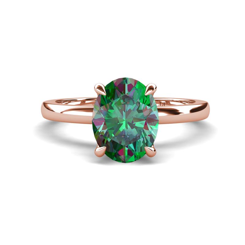 Abena 2.21 ctw Created Alexandrite Oval Shape (9x7 mm) with Prong Studded Side Natural Diamond Solitaire Plus Engagement Ring 