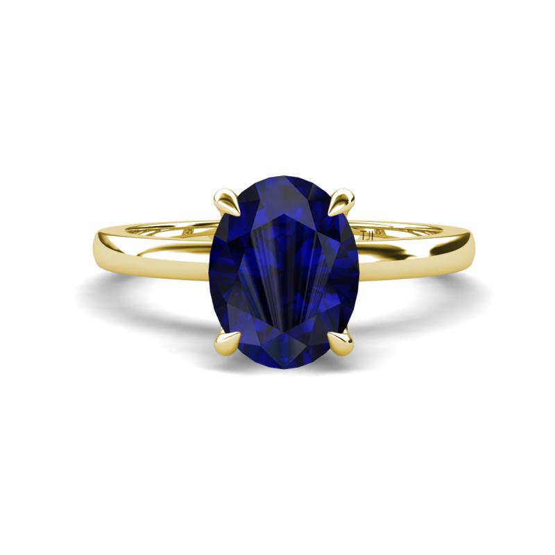 Abena 2.58 ctw Created Blue Sapphire Oval Shape (9x7 mm) with Prong Studded Side Natural Diamond Solitaire Plus Engagement Ring 