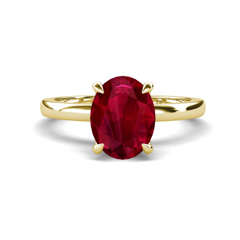 Abena 2.56 ctw Created Ruby Oval Shape (9x7 mm) with Prong Studded Side Natural Diamond Solitaire Plus Engagement Ring 
