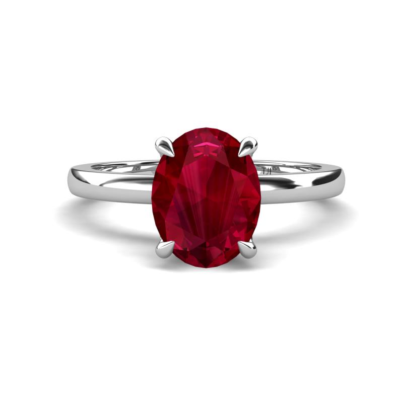 Abena 2.56 ctw Created Ruby Oval Shape (9x7 mm) with Prong Studded Side Natural Diamond Solitaire Plus Engagement Ring 