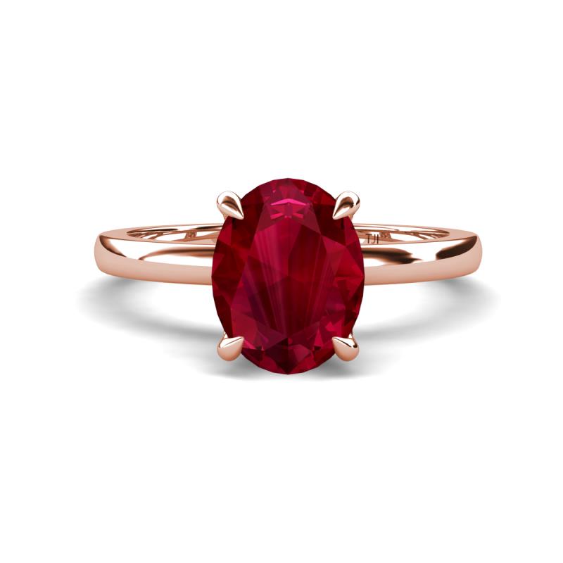 Abena 2.56 ctw Created Ruby Oval Shape (9x7 mm) with Prong Studded Side Natural Diamond Solitaire Plus Engagement Ring 