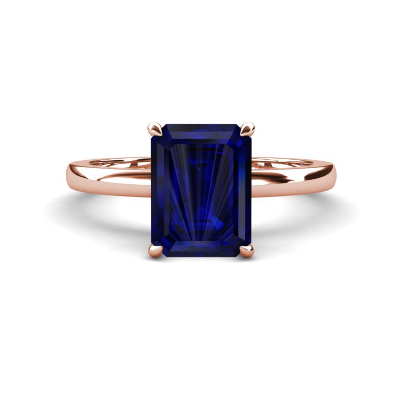 Abena 2.96 ctw Created Blue Sapphire Emerald Shape (9x7 mm) with Prong Studded Natural Diamond Solitaire Plus Engagement Ring 