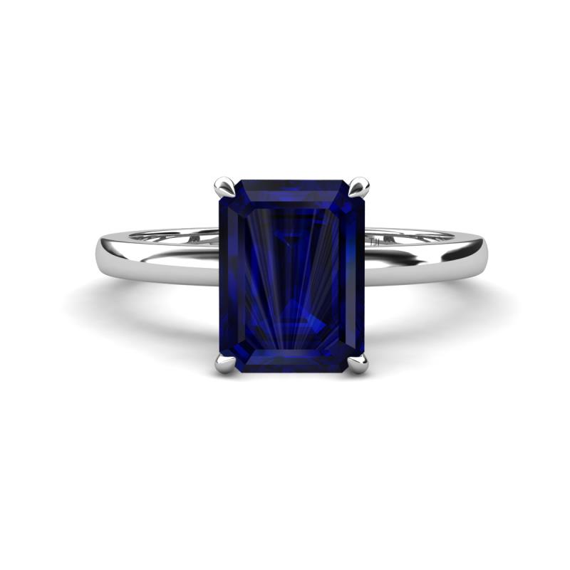 Abena 2.96 ctw Created Blue Sapphire Emerald Shape (9x7 mm) with Prong Studded Natural Diamond Solitaire Plus Engagement Ring 