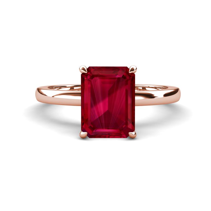 Abena 3.02 ctw Created Ruby Emerald Shape (9x7 mm) with Prong Studded Natural Diamond Solitaire Plus Engagement Ring 