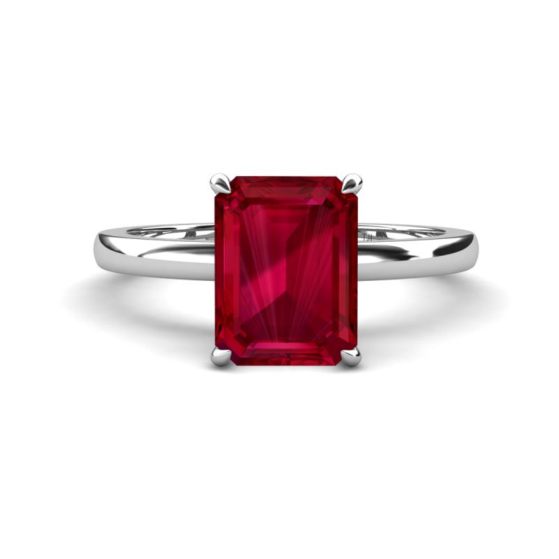 Abena 3.02 ctw Created Ruby Emerald Shape (9x7 mm) with Prong Studded Natural Diamond Solitaire Plus Engagement Ring 