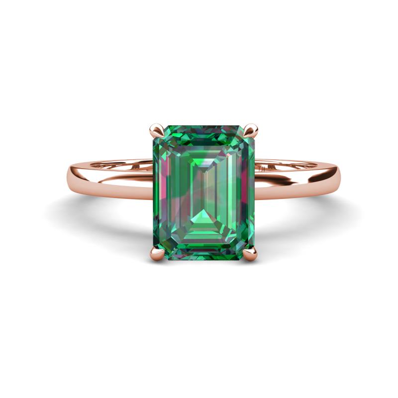 Abena 3.26 ctw Created Alexandrite Emerald Shape (9x7 mm) with Prong Studded Natural Diamond Solitaire Plus Engagement Ring 