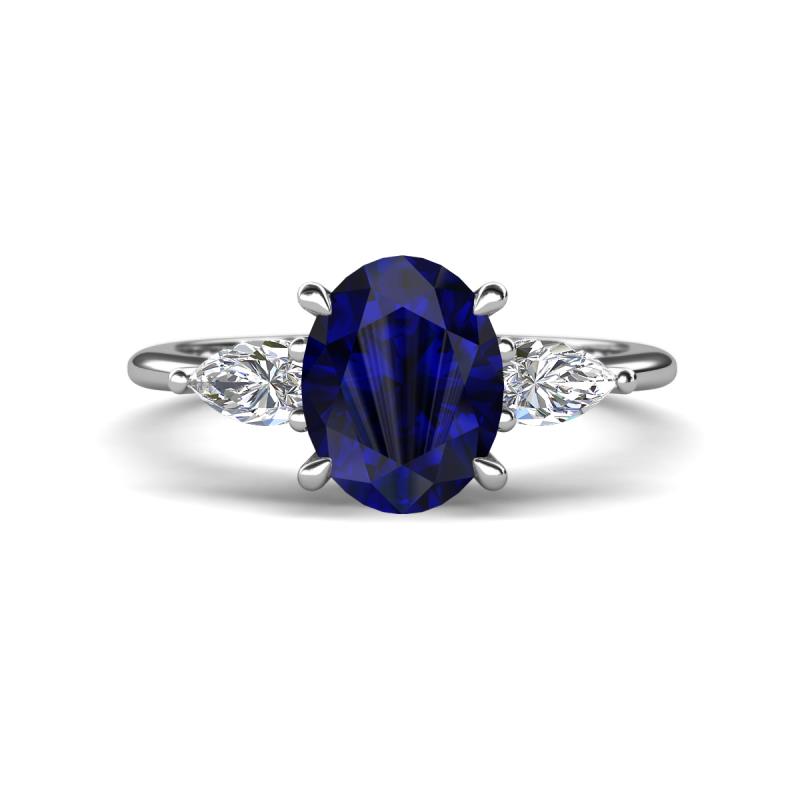 Leah 3.43 ctw Blue Sapphire Oval Shape (9x7 mm) Hidden Halo accented Lab Grown Diamond Engagement Ring 