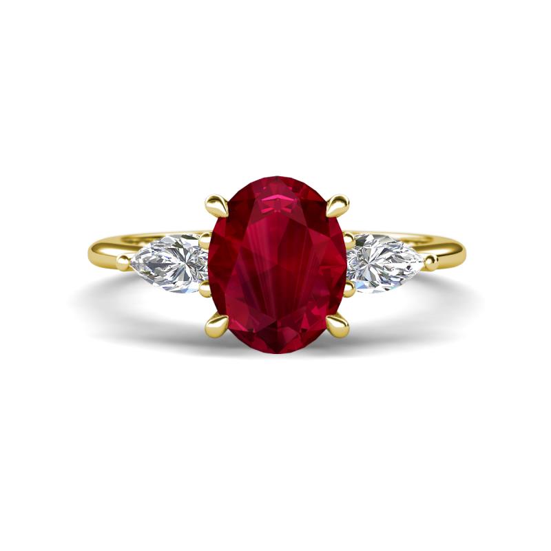 Leah 3.43 ctw Created Ruby Oval Shape (9x7 mm) Hidden Halo accented Lab Grown Diamond Engagement Ring 