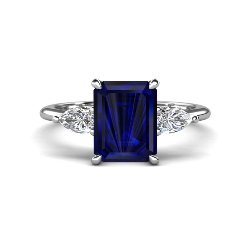 Leah 3.43 ctw Created Blue Sapphire Emerald Shape (9x7 mm) Hidden Halo accented Lab Grown Diamond Engagement Ring 