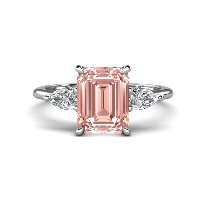 Leah 3.18 ctw Morganite Emerald Shape (9x7 mm) Hidden Halo accented Lab Grown Diamond Engagement Ring 