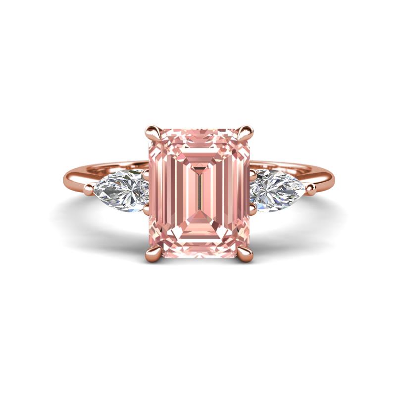 Leah 3.18 ctw Morganite Emerald Shape (9x7 mm) Hidden Halo accented Lab Grown Diamond Engagement Ring 