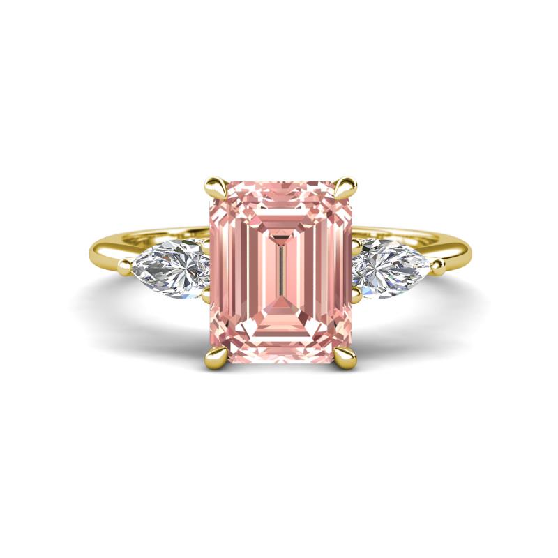 Leah 3.18 ctw Morganite Emerald Shape (9x7 mm) Hidden Halo accented Lab Grown Diamond Engagement Ring 