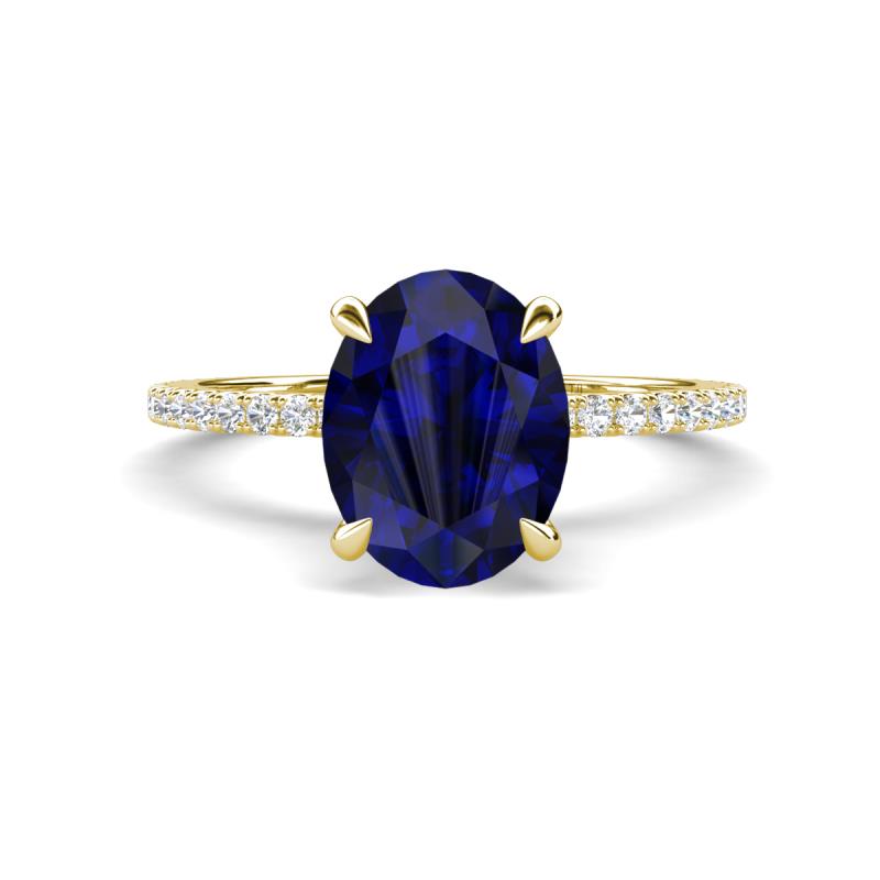 Aisha 2.89 ctw Created Blue Sapphire Oval Shape (9x7 mm) Hidden Halo accented Side Lab Grown Diamond Engagement Ring 
