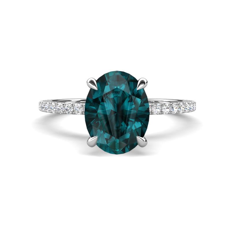 Aisha 2.77 ctw London Blue Topaz Oval Shape (9x7 mm) Hidden Halo accented Side Lab Grown Diamond Engagement Ring 