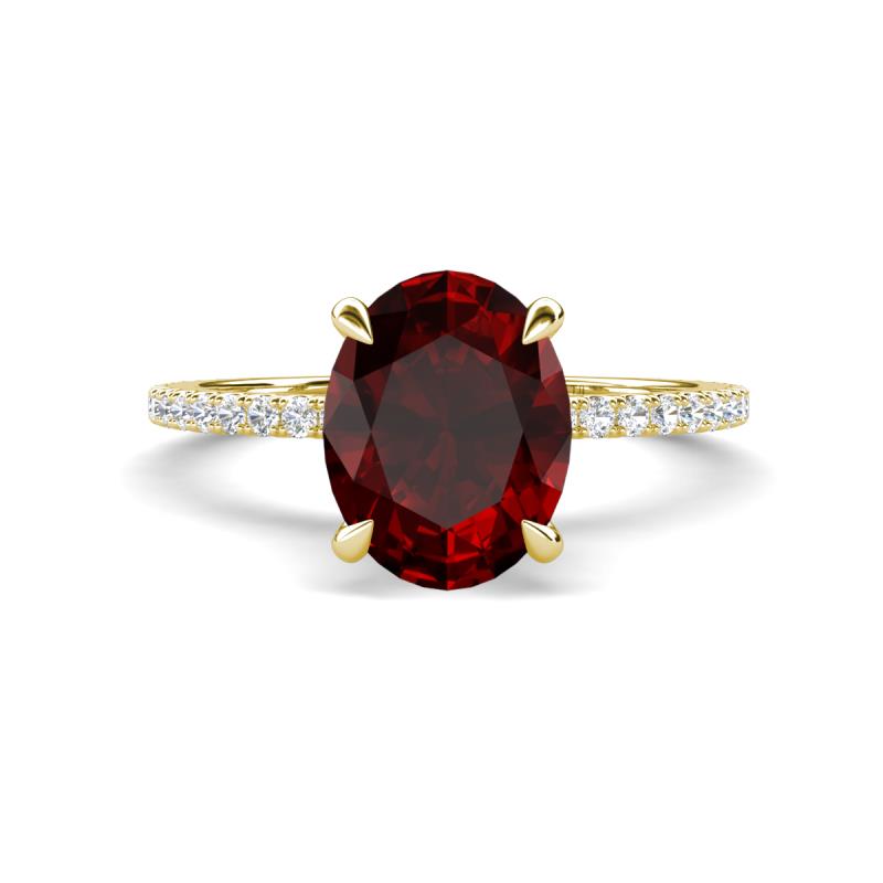 Aisha 2.57 ctw Red Garnet Oval Shape (9x7 mm) Hidden Halo accented Side Lab Grown Diamond Engagement Ring 