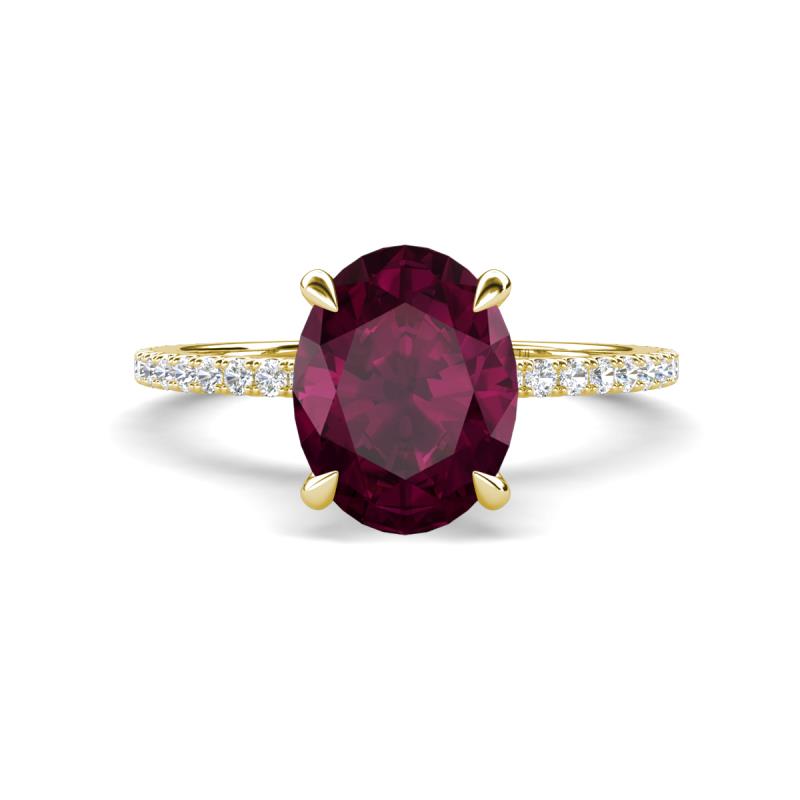 Aisha 2.67 ctw Rhodolite Garnet Oval Shape (9x7 mm) Hidden Halo accented Side Lab Grown Diamond Engagement Ring 