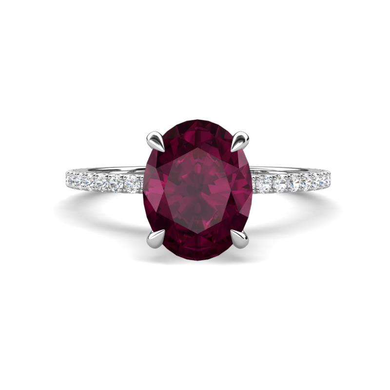 Aisha 2.67 ctw Rhodolite Garnet Oval Shape (9x7 mm) Hidden Halo accented Side Lab Grown Diamond Engagement Ring 