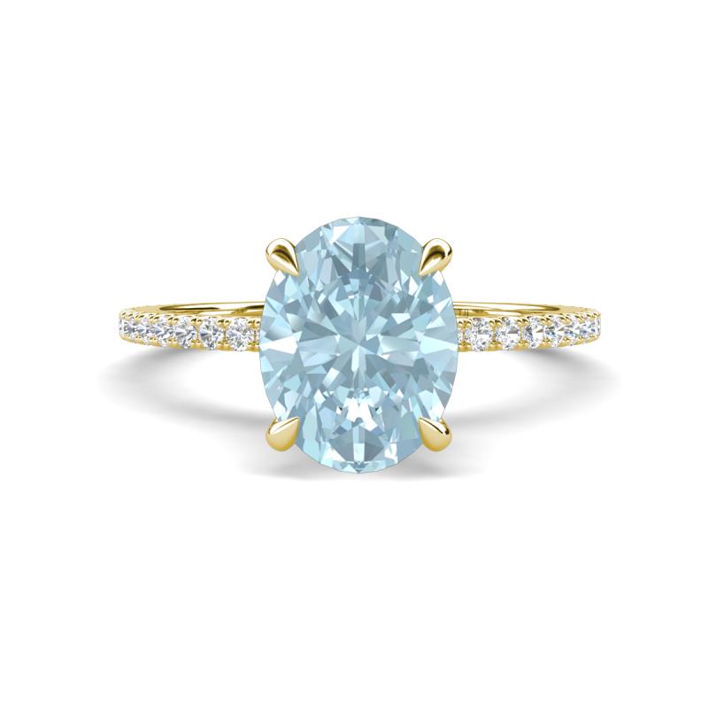 Aisha 2.12 ctw Aquamarine Oval Shape (9x7 mm) Hidden Halo accented Side Lab Grown Diamond Engagement Ring 
