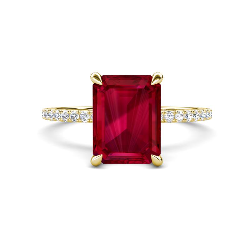 Aisha 3.33 ctw Created Ruby Emerald Shape (9x7 mm) Hidden Halo accented Side Lab Grown Diamond Engagement Ring 