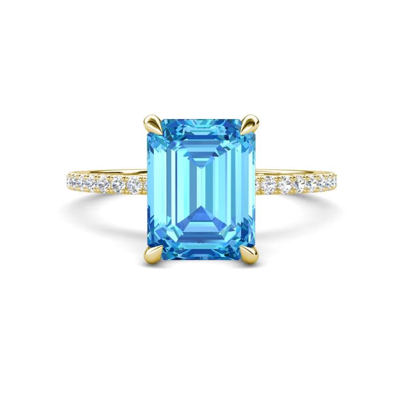 Aisha 3.37 ctw Blue Topaz Emerald Shape (9x7 mm) Hidden Halo accented Side Lab Grown Diamond Engagement Ring 