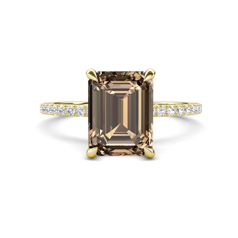 Aisha 2.62 ctw Smoky Quartz Emerald Shape (9x7 mm) Hidden Halo accented Side Lab Grown Diamond Engagement Ring 