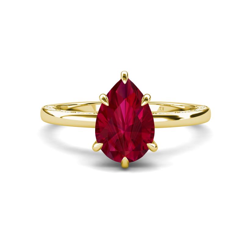 Lucia 2.68 ctw Created Ruby Pear Shape (9x7 mm) Hidden Halo accented Natural Diamond Engagement Ring  
