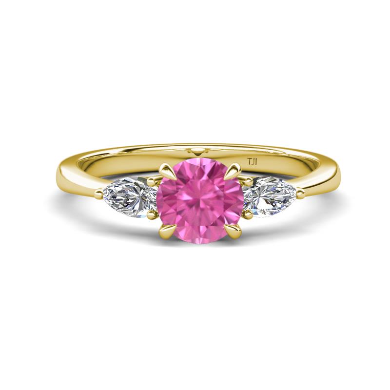 Zelia 1.29 ctw Pink Sapphire (6.00 mm) and Pear Shape Lab Grown Diamond Three Stone Engagement Ring 