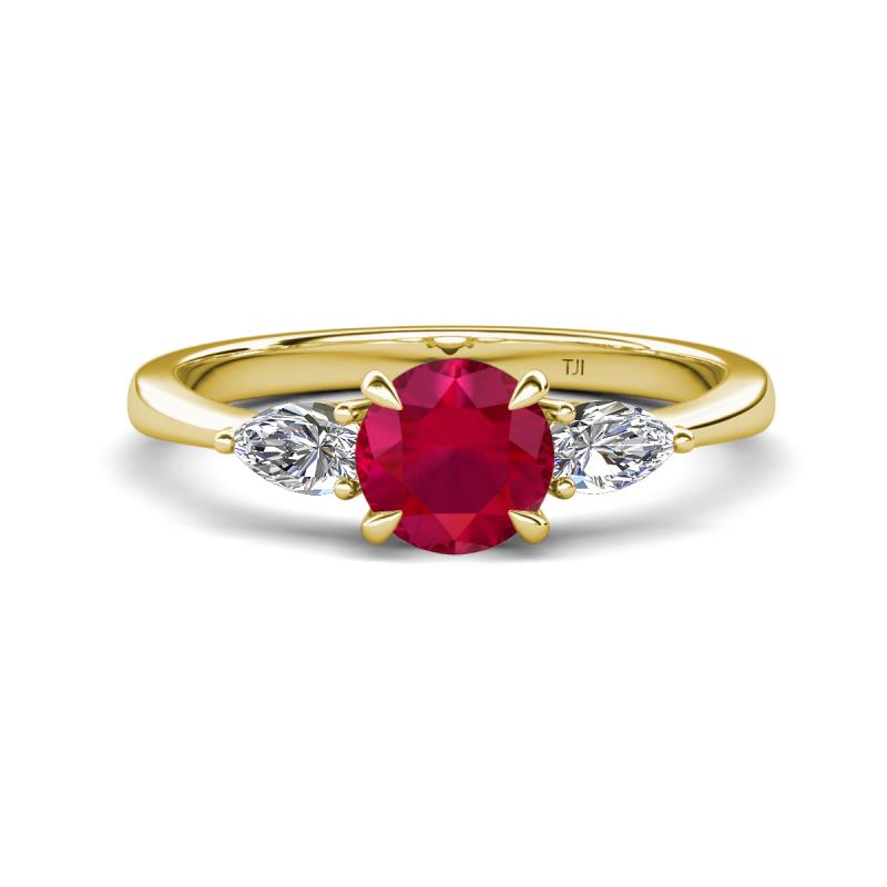 Zelia 1.29 ctw Ruby (6.00 mm) and Pear Shape Lab Grown Diamond Three Stone Engagement Ring 