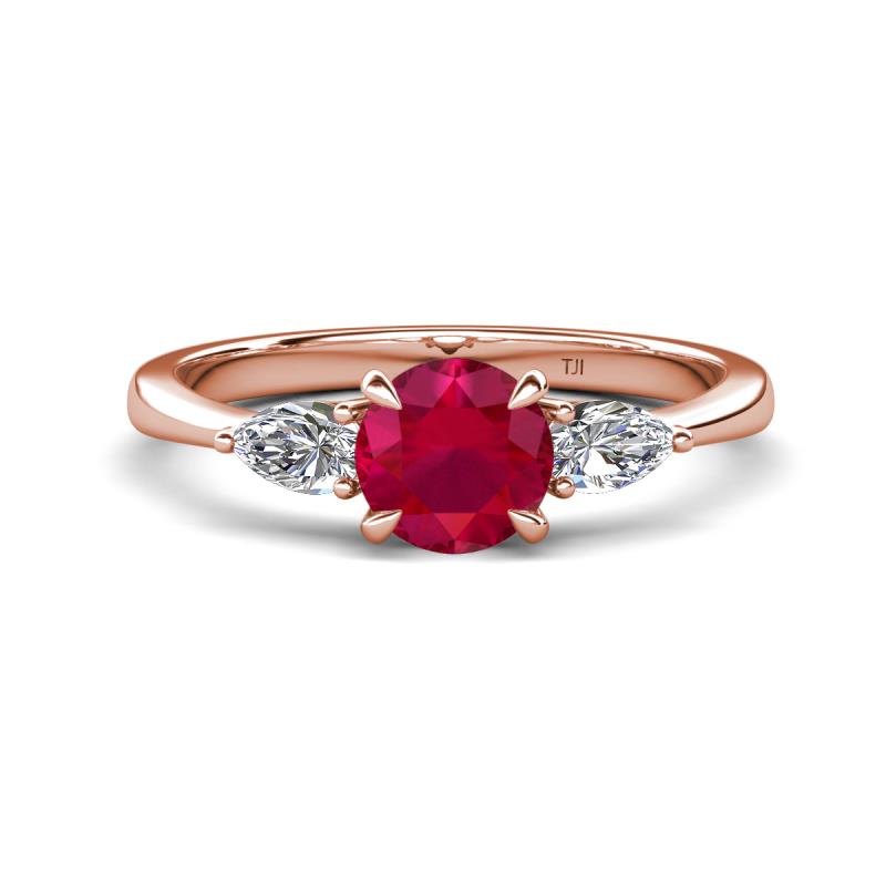 Zelia 1.29 ctw Ruby (6.00 mm) and Pear Shape Lab Grown Diamond Three Stone Engagement Ring 