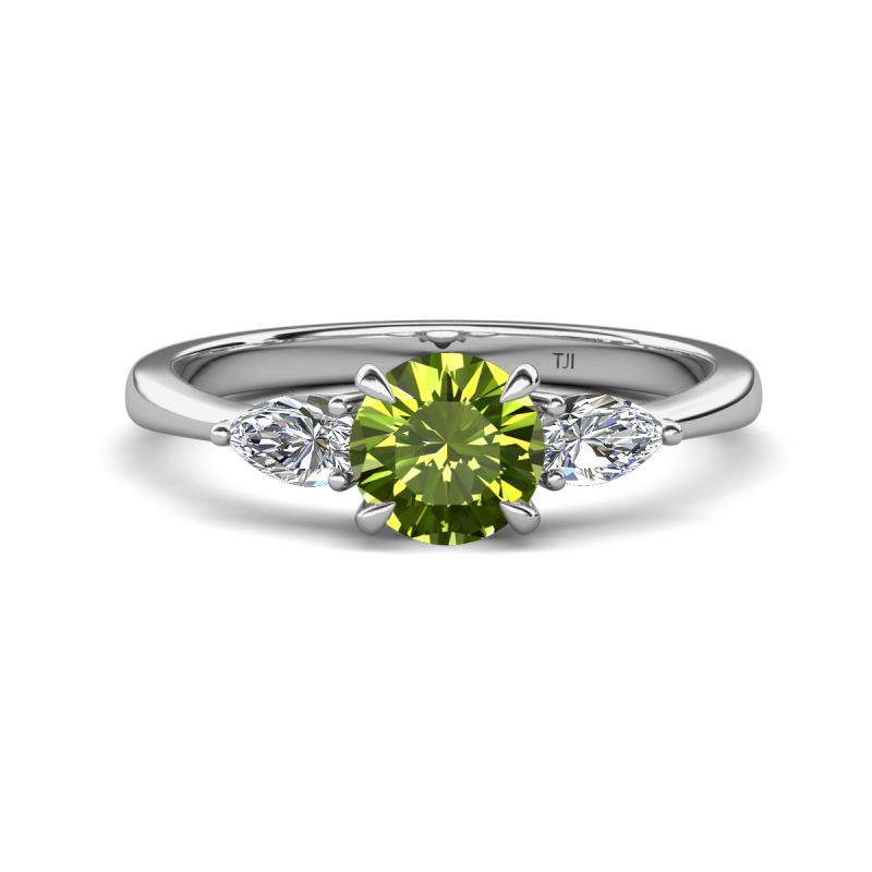 Zelia 1.44 ctw Peridot (6.00 mm) and Pear Shape Lab Grown Diamond Three Stone Engagement Ring 