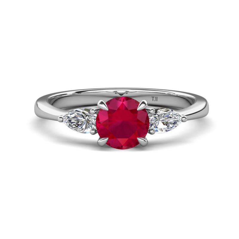Zelia 1.29 ctw Ruby (6.00 mm) and Pear Shape Lab Grown Diamond Three Stone Engagement Ring 