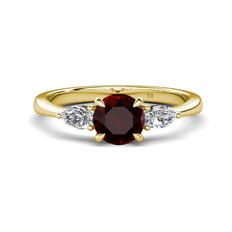 Zelia 1.39 ctw Red Garnet (6.00 mm) and Pear Shape Lab Grown Diamond Three Stone Engagement Ring 