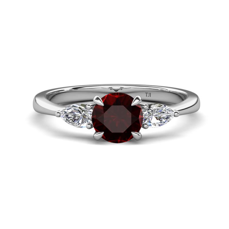 Zelia 1.39 ctw Red Garnet (6.00 mm) and Pear Shape Lab Grown Diamond Three Stone Engagement Ring 