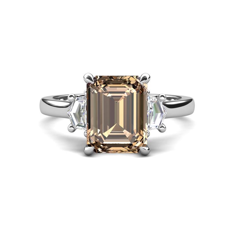 Chaya 2.65 ctw Emerald shape Smoky Quartz (9x7 mm) Accented Cadillac shape Lab Grown Diamonds Three Stone Women Engagement Ring 