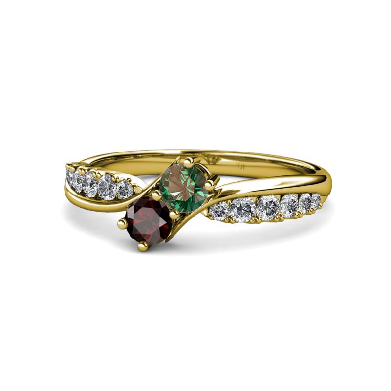 Nicia 0.97 ctw Red Garnet and Created Alexandrite (4.00 mm) with Side Diamonds Two Stone Bypass Ring 