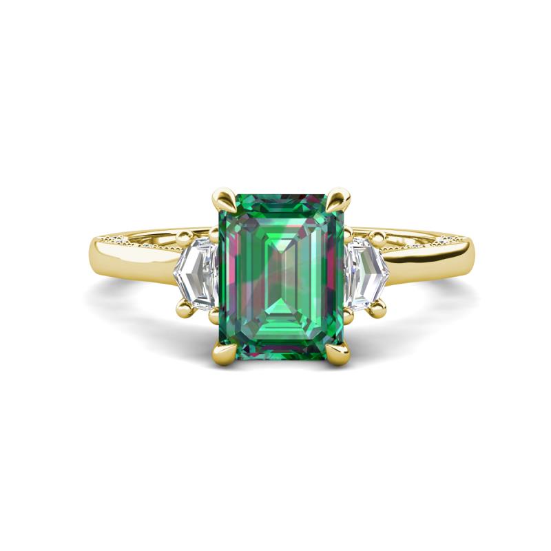 Chand 2.19 ctw Emerald shape Created Alexandrite (8x6 mm) Accented Cadillac shape Lab Grown Diamonds Three Stone Women Engagement Ring 