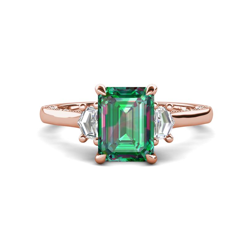 Chand 2.19 ctw Emerald shape Created Alexandrite (8x6 mm) Accented Cadillac shape Lab Grown Diamonds Three Stone Women Engagement Ring 