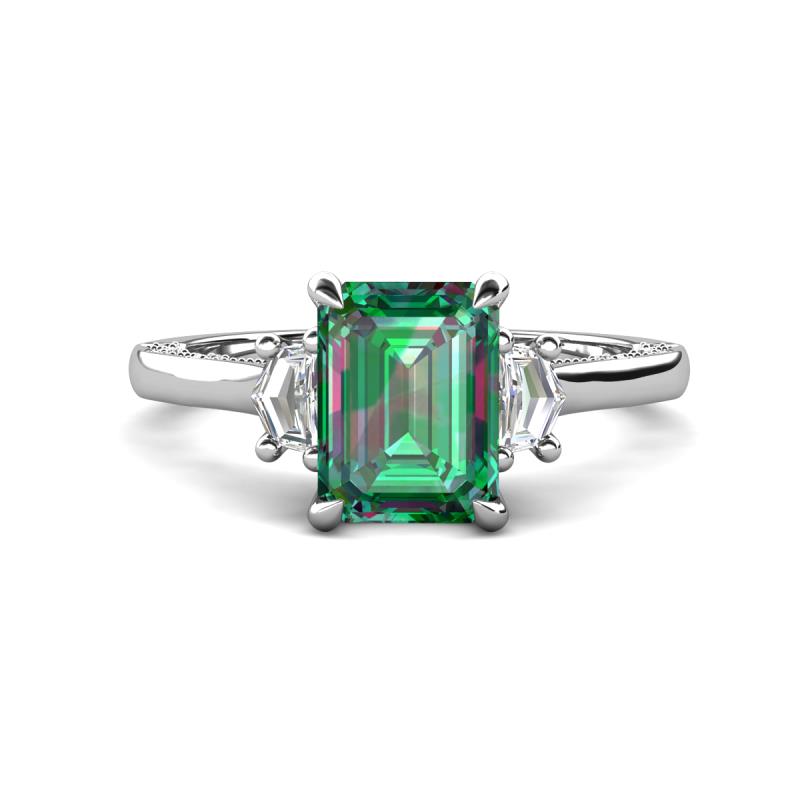 Chand 2.19 ctw Emerald shape Created Alexandrite (8x6 mm) Accented Cadillac shape Lab Grown Diamonds Three Stone Women Engagement Ring 