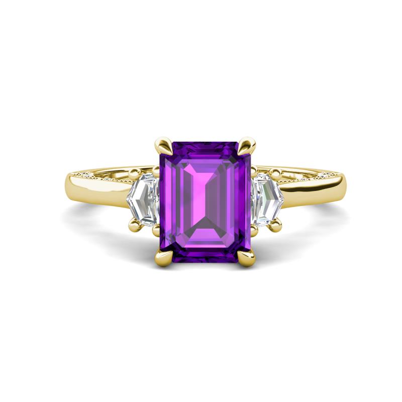 Chand 1.69 ctw Emerald shape Amethyst (8x6 mm) Accented Cadillac shape Lab Grown Diamonds Three Stone Women Engagement Ring 