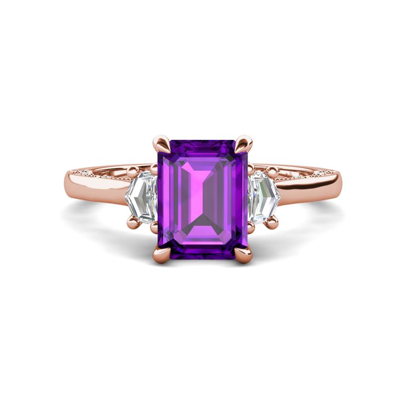 Chand 1.69 ctw Emerald shape Amethyst (8x6 mm) Accented Cadillac shape Lab Grown Diamonds Three Stone Women Engagement Ring 